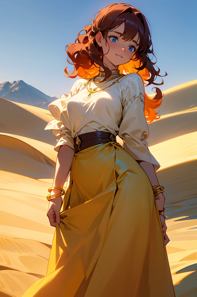Auburn hair, blue eyes, beautiful woman, gentle look, twilight, 8k resolution, desert, dunes, young woman, serene expression, curly hair, bust shot, glowing yellow bracelet, soft smile, yellow gem on wrist, elegant, lean build, strong, white blouse, yellow bracelet, no blemishes, flower in hand, tan skirt.