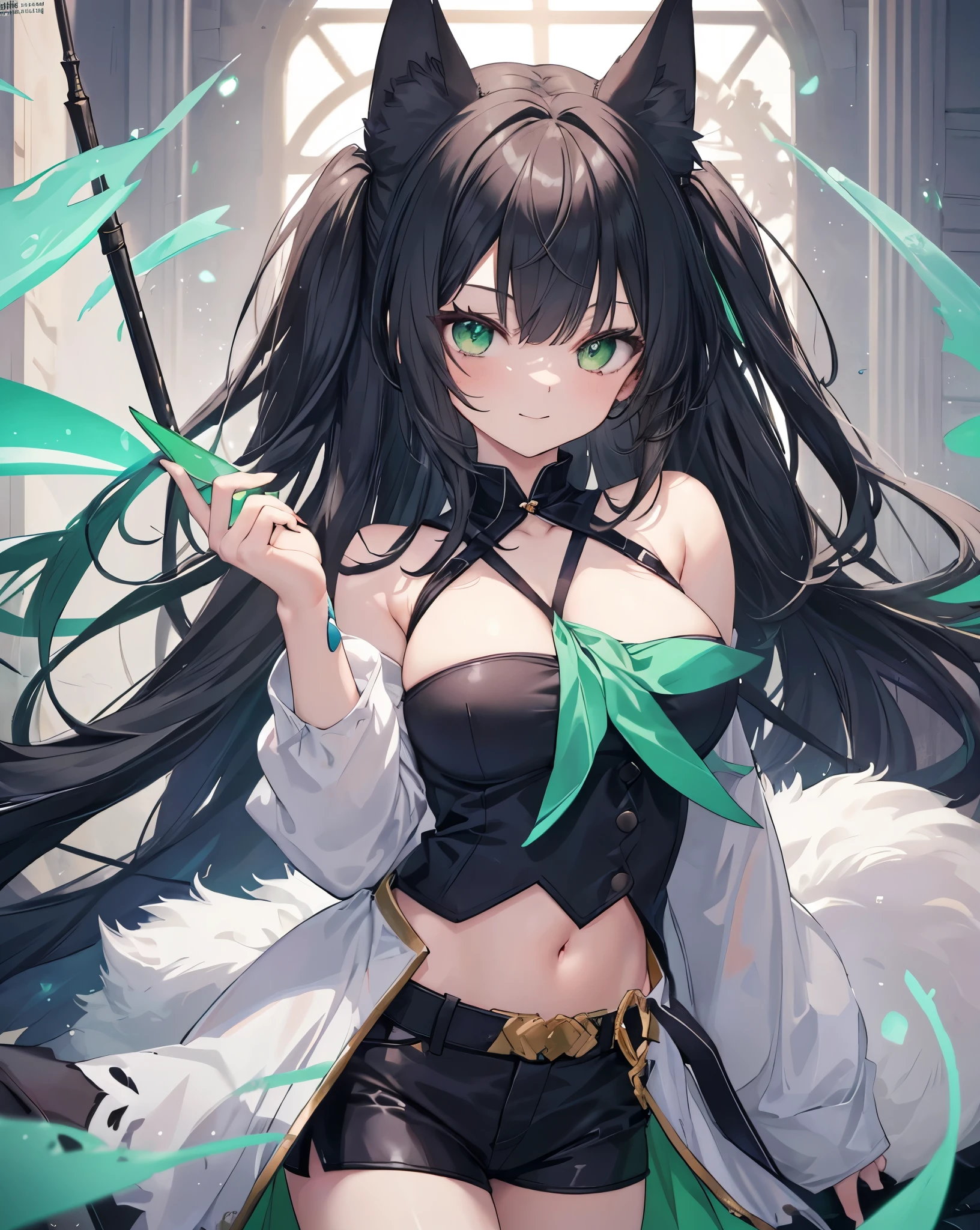 Indoor masterpiece, 1catgirl, cat ears, ((Black long hair with green reflexes)) , oversaturated green eyes, intricate cool dress. Bare shoulders, crop top, Shorts. Portrait. Medium breast. Super detailed. Perfect anime green eyes, bare shoulders.
Dtnamic pose. She's smiling , she's Smart . White fox tail. She's casting a grass spell with her Magic stick