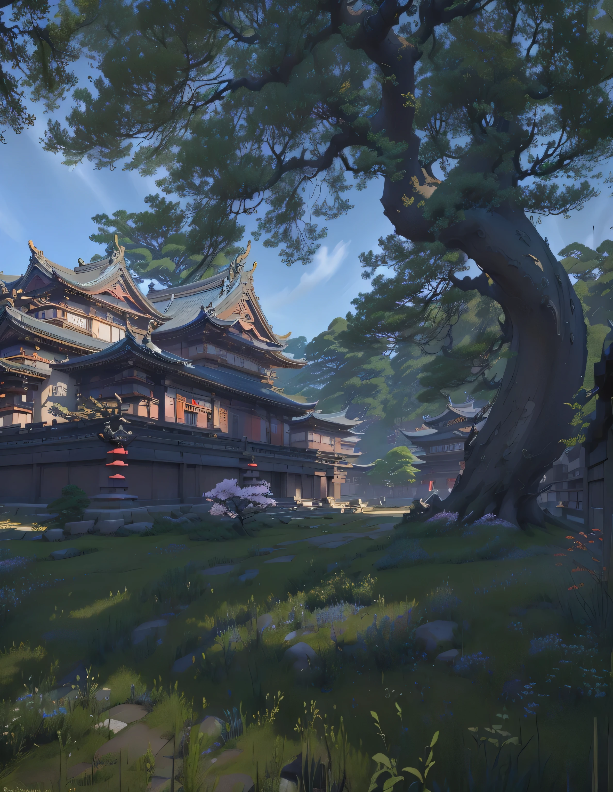 There is a building，There are many windows，There are also many grasslands, Beautiful screenshots, Beautiful rendering of the Tang Dynasty, A Japanese town, Final Fantasy 1 4 screenshot, Beautiful images, Quiet and peaceful atmosphere, Genshin Impact, <Multiplayer online role-playing game scenario, Sakura season dynamic lighting, mysterious temple setting, Highly detailed environments, nice environment, Japanese Temples, kings row in the background