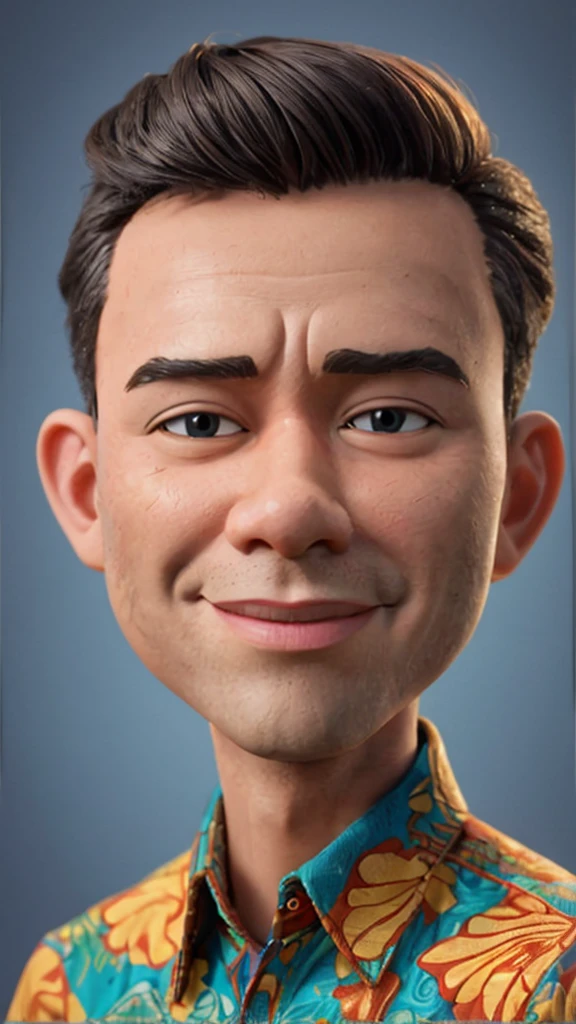 Cartoon caricature of a person with a big head of a man, wearing a batik shirt, standing, solid and clean background, 3D Disney Pixar character, masterpiece, soft lighting, very detailed, UHD 16K, bird's eye view, 3d rendering