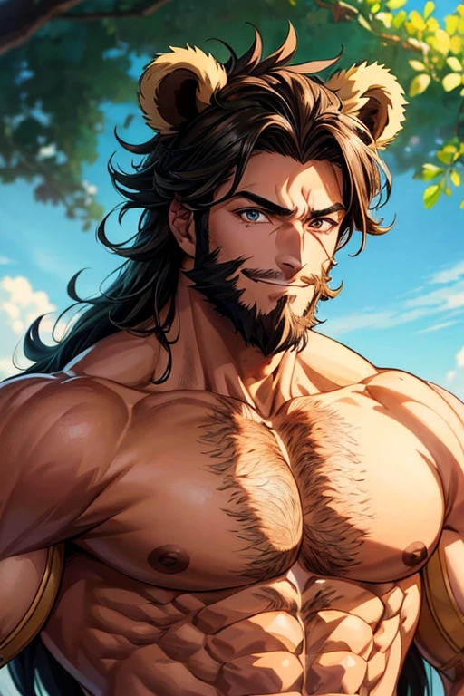 ((highest quality, masterpiece,anime, 4k, finely detailed, detailed eyes, detailed face, intricate details, pixiv, gelbooru)), ((solo)), (((1boy, male, handsome, masculine,muscular))), (((short, messy, dark brown hair, bear ears,beard))), (((dark green eye color))) , sweating a lot, looking at viewer, (((smiling))), shirtless, big and pecs, shirtless,big muscles, male, jungle,(((anime,anime))) (((anime))