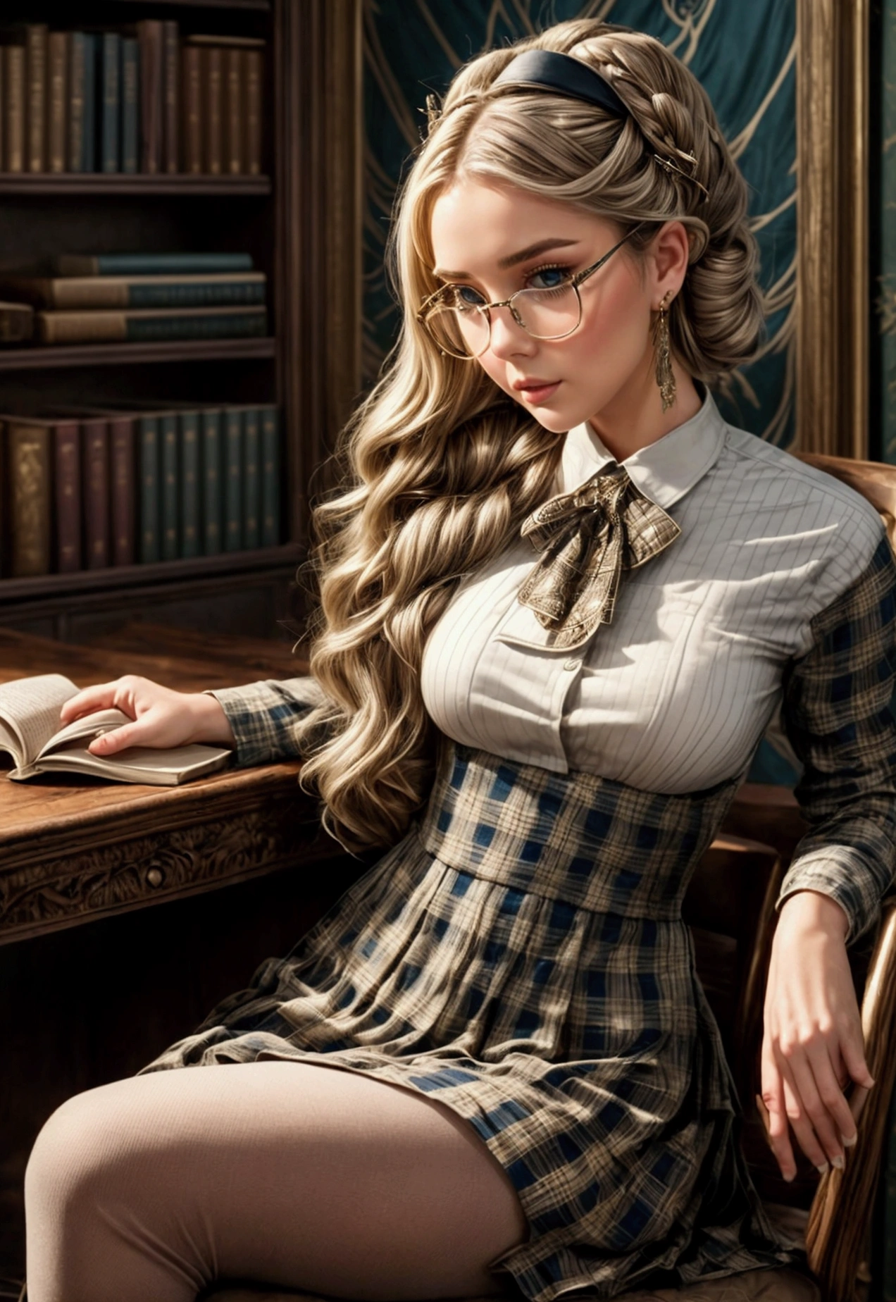 There is a woman elegantly seated at a desk, engrossed in a captivating book. The room is filled with the faint glow of pin art adorning the walls, each piece in the comic pin style reminiscent of the works of Artgerm and Gil Elvgren. The woman, portrayed as a girl pin, wears the uniform of a hyperrealist , complete with plaid skirt and knee-high waders. Her librarian glasses rest on the tip of her nose as she delves deeper into her literature. The details of her pin-crafted pin-striped dress and intricately designed hairpins are meticulously rendered in ultra-fine detail, capt