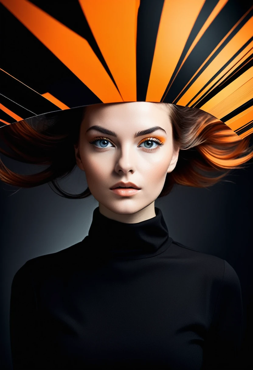 [orange and black] colors are split with a [young Gera Hilmar] in the center, professional photography. A prominent [tmatrix]. Atmosphere of intensity, mystery, boldness, creativity, with high contrast and dramatic effect. photography in a contemporary style, with a focus on the subject in a centered composition