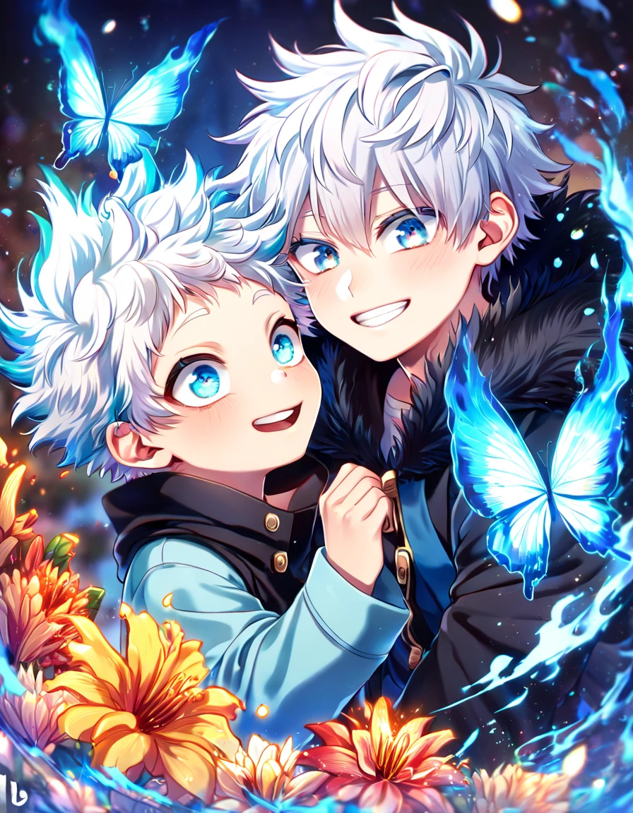 absurdres, highres, ultra detailed, HDR, master piece, best quality, extremely detailed face, delicated features, Todoroki Touya as a kid, white hair, expressive turquoise eyes, Boku No Hero Academia, Gojou Satoru as a kid, white hair, expressive blue eyes, white eyelashes, two kids together, yaoi, gay couple, small, cute, smiling, black coat, light-blue coat with fur, fantasy, magical, blue fire butterflies, fire flowers, blue fire, blue flames, blue fire in the background