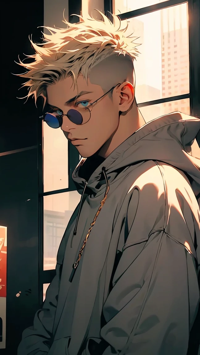 highest quality, 8K, high resolution image, anime style Jujutsu Kaisen, detailed strokes, dark skin, bored look, blurry, purple light reflecting from it, (close angle), 1 man, male, model, cool guy, athletic type, multicolored background with different geometric shapes, around stickers, muscular, light blonde hair, mint colored eyes, short hair, light blonde spiky hair, puffy chest. He is wearing a gray hoodie with a hoodie on his head and black sweatpants, and gold link chain, sunglasses, sweatpants, shaved body, gold link chain, background: Big city, internet coffee, he is waiting for someone, standing at the entrance, big window,