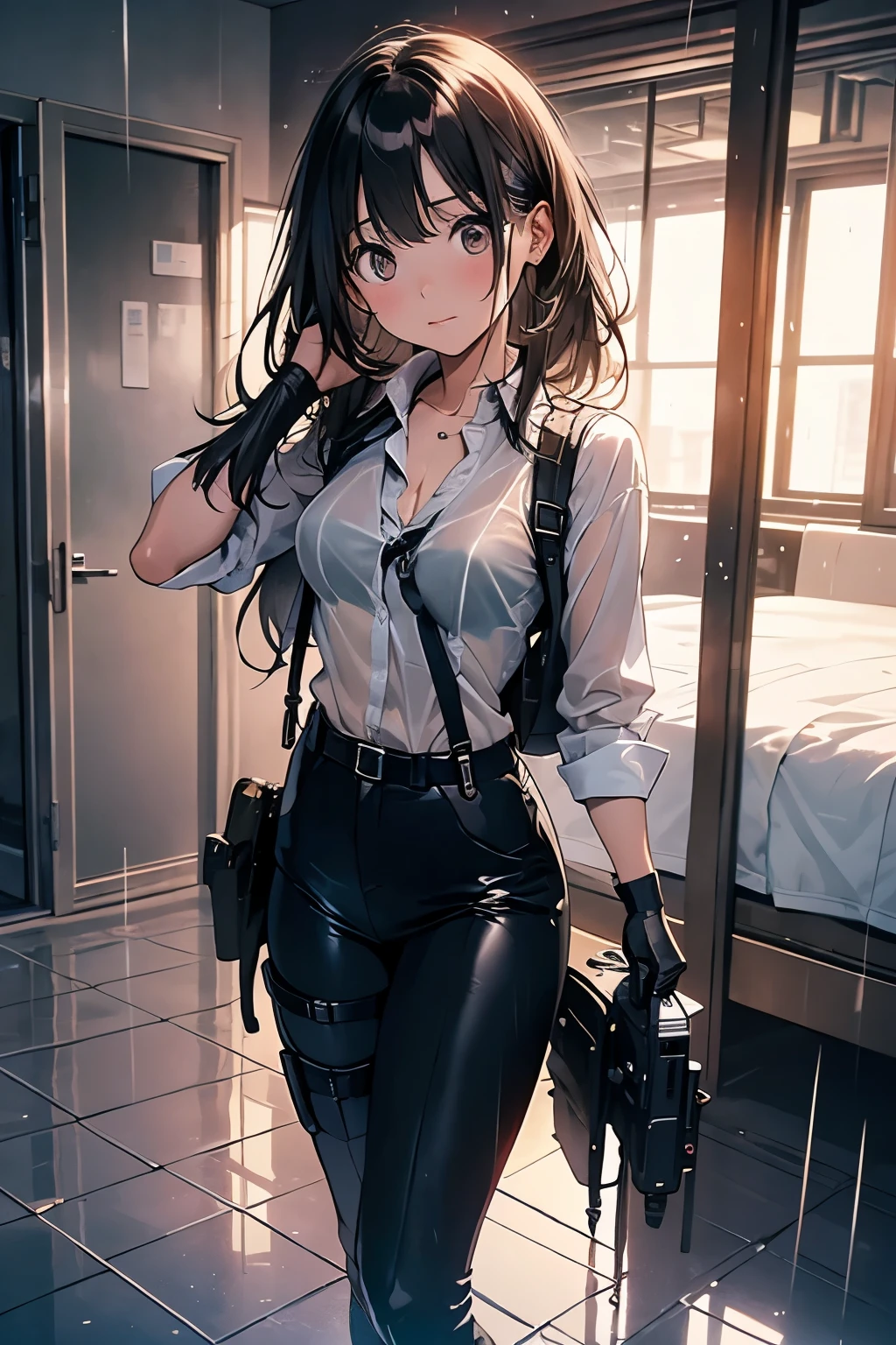 1 female, , high quality, masterpiece, Ultra-high resolution, , Cinema Lighting, , , And the suspenders with the cranes flying　　　Large Breasts　 　 　　　　Small face　 　　　holster　　　　　　　 Lying in bed　Looking up　　　　Sweat 　　　belt　summer　脇Sweat 　Black Hole Gloves　suit　shirt　　Black jacket　 Black trousers　Leg Links　ズボンにbelt　　holster　 　　Hands behind your back　 Anxious expression　Looking up　Anxious face, legs apart　Armament　Handgun　handcuffs　Cable ties　レッグholster　holster　See-through clothing　heavy rain　Getting wet in the rain