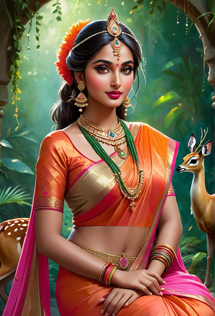 perfect pink eyes, fantastic face, Indian, beautiful look, ((red lips, bright eyes, curve heir 1.5)), ((beautiful details very big breast )), (Straight round and ultra huge clevage, not sagging breast), A glorious stylgorgeous, glorious gorgeous face, pretty face, bright eyes, , updo elegant hair, blurred gray tones background, ultra focus, face ilumined, face detailed, 8k resolution, painted, dry brush, brush strokes, razumov style and garmashe, by Tokaito, ((Full Open )), full body, sexy open thin belly, night ambience,"A serene Indian woman with a gentle expression sits gracefully in a mystical forest. She is adorned in traditional attire with intricate jewelry, including a headpiece, earrings, and necklaces. Her attire is a flowing, vibrant orange sari. She holds a small deer in her arms, and a colorful peacock stands nearby. The background features lush greenery and soft, ethereal lighting, creating a peaceful and magical ambiance."