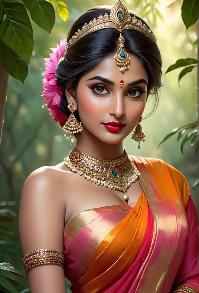 perfect pink eyes, fantastic face, Indian, beautiful look, ((red lips, bright eyes, curve heir 1.5)), ((beautiful details very big breast )), (Straight round and ultra huge clevage, not sagging breast), A glorious stylgorgeous, glorious gorgeous face, pretty face, bright eyes, , updo elegant hair, blurred gray tones background, ultra focus, face ilumined, face detailed, 8k resolution, painted, dry brush, brush strokes, razumov style and garmashe, by Tokaito, ((Full Open )), full body, sexy open thin belly, night ambience,"A serene Indian woman with a gentle expression sits gracefully in a mystical forest. She is adorned in traditional attire with intricate jewelry, including a headpiece, earrings, and necklaces. Her attire is a flowing, vibrant orange sari. She holds a small deer in her arms, and a colorful peacock stands nearby. The background features lush greenery and soft, ethereal lighting, creating a peaceful and magical ambiance."