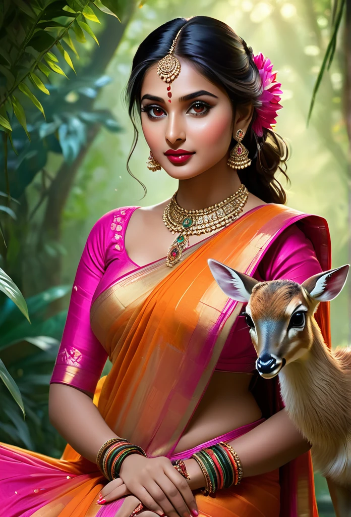 perfect pink eyes, fantastic face, Indian, beautiful look, ((red lips, bright eyes, curve heir 1.5)), ((beautiful details very big )), (Straight round and ultra huge clevage, not sagging breastlorious stylgorgeous, glorious gorgeous face, pretty face, bright eyes, , updo elegant hair, blurred gray tones background, ultra focus, face ilumined, face detailed, 8k resolution, painted, dry brush, brush strokes, razumov style and garmashe, by Tokaito, ((Full Open )), full body, sexy open thbelly, night ambience,"A serene Indian woman with a gentle expression sits gracefully in a mystical forest. She is adorned in traditional attire with intricate jewelry, including a headpiece, earrings, and necklaces. Her attire is a flowing, vibrant orange sari. She holds a small deer in her arms, and a colorful peacock stands nearby. The background features lush greenery and soft, ethereal lighting, creating a peaceful and magical ambiance."