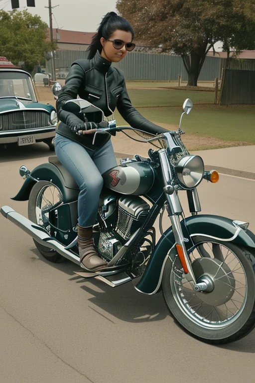 Coy girl biker on an old Indian motorcycle
