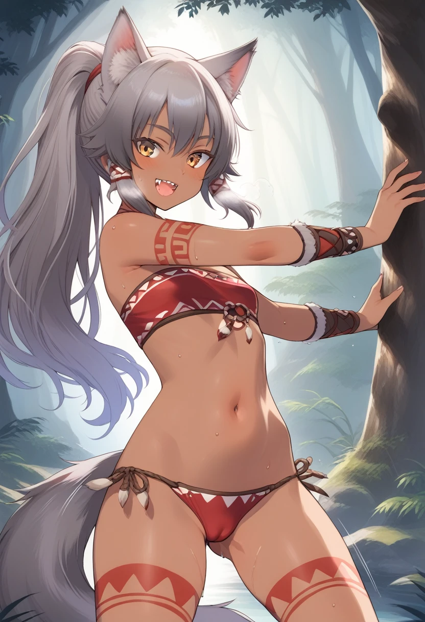 1girl, multiple colored hairs, smile, outside, posing, background, ponytail, (view from front), 9 , (tomboy), slender, pert ass, high details, sharp detailed face, detailed eyes, young, long and wild hair, long hair, tattoo, tanned, cave, forest, very small breasts, fur, revealing outfit, ikuchan, nice hips, tribal tattoos, hot breath, moaning, open mouth, ((motion lines)), dimmed lighting, panting, sweating , outdoors, forest, sweat, teeth, girl with wolf ears and wolf tail, wild girl, animal girl, fangs, ((wolf girl)), (motion lines), gray hair, (wolf girl), hip sway, the girl is in heat, girl wants sex, solo, small tribal tube top, small and tight tribal bottoms, ((swinging her hips side to side)), trying to seduce viewer, seductive, cameltoe,