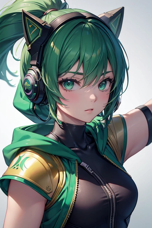 Soft lighting like in a movie、A close-up of Tati Gabrielle in a green hoodie、Incredibly detailed and ultra-realistically lit。, Mortal Kombat11, Mortal Kombatのジェイド, Mortal Kombat, MK Ninja, Wearing green armor and helmet, Akali, Take off, Trending on ArtStation. Octane、The perfect tool to capture the softest details of this 16k photography masterpiece.。