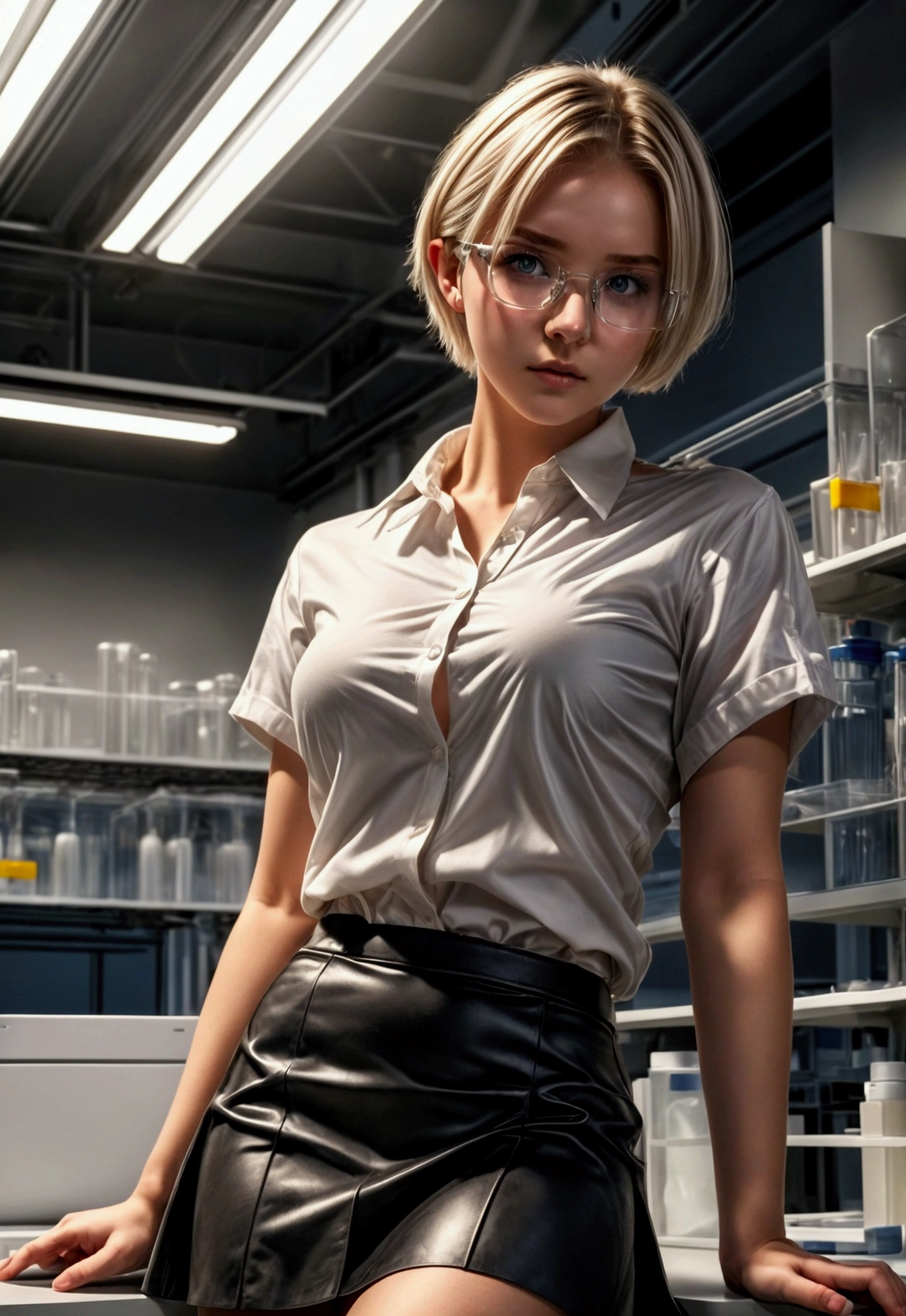 best quality, masterpiece, moody lighting, gorgeous 24 yo girl, biology student in a lab, short skirt, white shirt, student outfit, doing experiment, revealing outfit, suggestive pose, short blonde hair, laced hair (soft light, sharp), artistic, dimly lit BREAK black frame glasses
