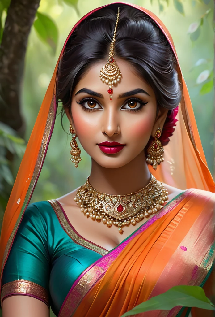 perfect pink eyes, fantastic face, Indian, beautiful look, ((red lips, bright eyes, curve heir 1.5)), ((beautiful details very big breast )), (Straight round and ultra huge clevage, not sagging breast), A glorious stylgorgeous, glorious gorgeous face, pretty face, bright eyes, , updo elegant hair, blurred gray tones background, ultra focus, face ilumined, face detailed, 8k resolution, painted, dry brush, brush strokes, razumov style and garmashe, by Tokaito, ((Full Open )), full body, sexy open thin belly, night ambience,"A serene Indian woman with a gentle expression sits gracefully in a mystical forest. She is adorned in traditional attire with intricate jewelry, including a headpiece, earrings, and necklaces. Her attire is a flowing, vibrant orange sari. She holds a small deer in her arms, and a colorful peacock stands nearby. The background features lush greenery and soft, ethereal lighting, creating a peaceful and magical ambiance."
