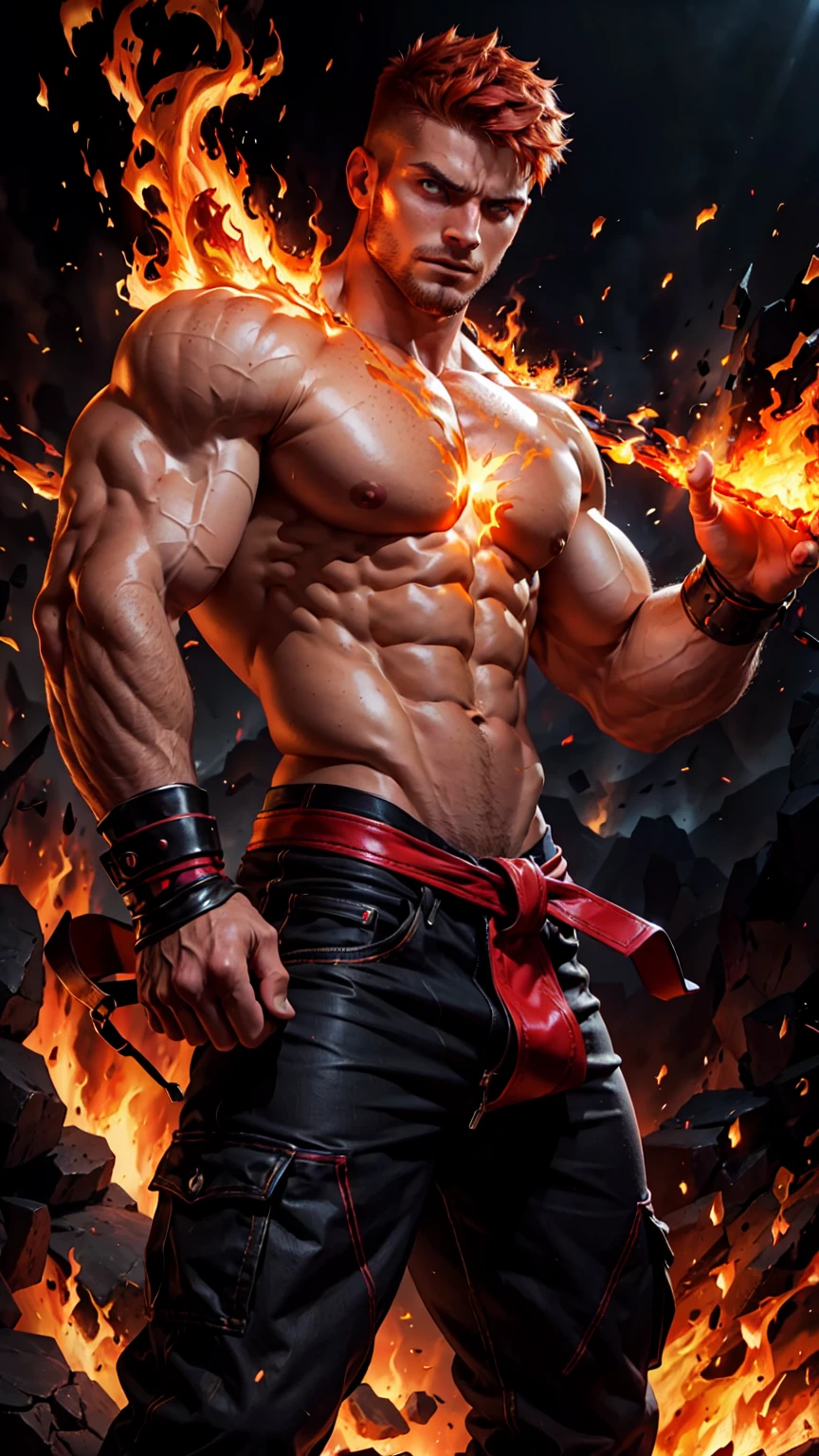 A strong, muscular man with short, fiery orange undercut hair, and freckles, dressed in red and black clothing. He is strikingly handsome with a perfectly sculpted body. In battle, he wields fire magic, with flames engulfing the entire scene, creating a dramatic and intense atmosphere. He commands the fire with powerful, sweeping gestures, his eyes glowing with a fierce, fiery intensity that showcases his mastery of the element. The background is ablaze with vibrant flames, enhancing the sense of power and heat. The image is rendered in a photorealistic, hyper-realistic 8k style, with studio lighting. Jean’s combat pose is dynamic and aggressive, making the image powerful and cinematic, with intense colors, vibrant HDR, and dramatic chiaroscuro lighting that highlights the fiery energy and motion.