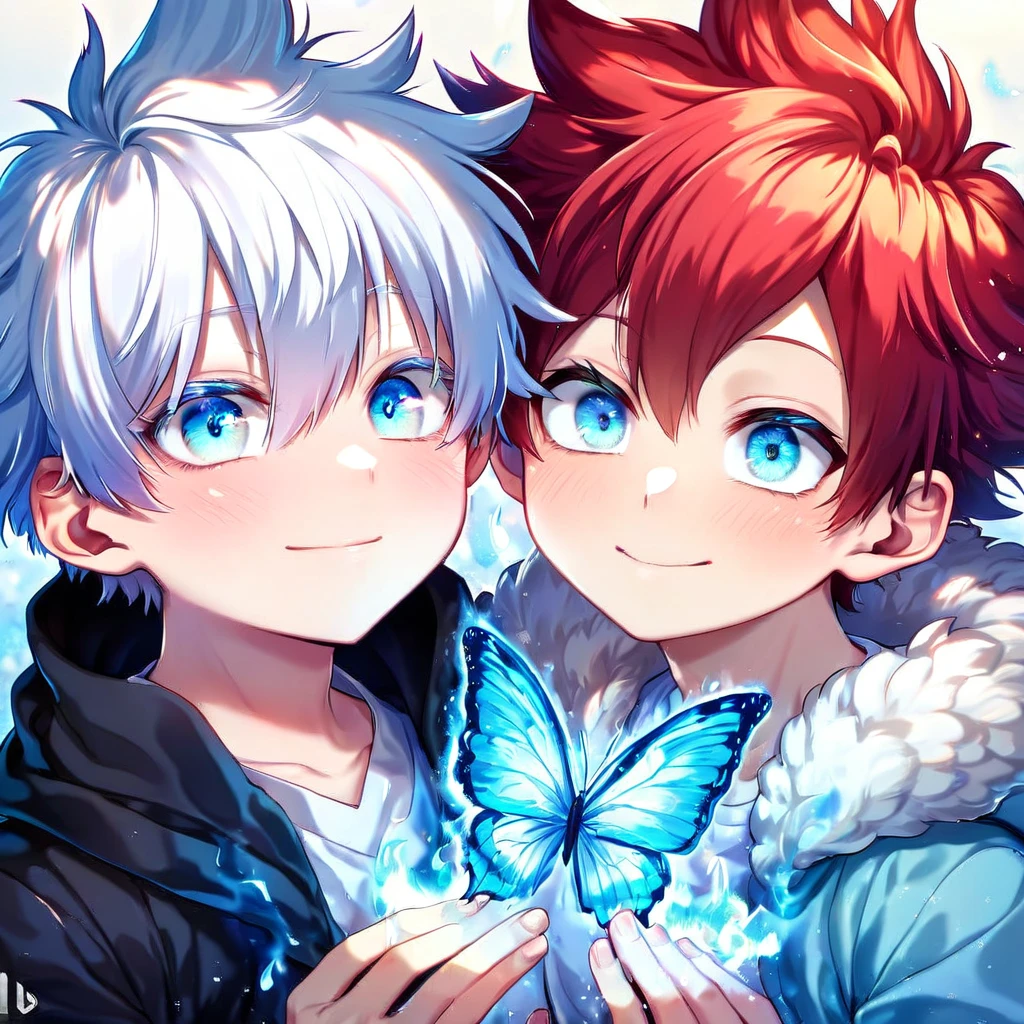 absurdres, highres, ultra detailed, HDR, master piece, best quality, extremely detailed face, delicated features, Todoroki Touya as a kid, red hair, expressive turquoise eyes, Boku No Hero Academia, Gojou Satoru as a kid, white hair, expressive blue eyes, white eyelashes, two kids together, yaoi, gay couple, small, cute, smiling, black coat, light-blue coat with fur, fantasy, magical, blue fire butterflies, fire flowers, blue fire, blue flames, blue fire in the background