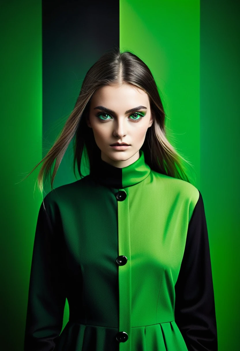 [green and black] colors are split with a [young Gera Hilmar] in the center, professional photography. A prominent [the numerical matrix]. Atmosphere of intensity, mystery, boldness, creativity, with high contrast and dramatic effect. photography in a contemporary style, with a focus on the subject in a centered composition