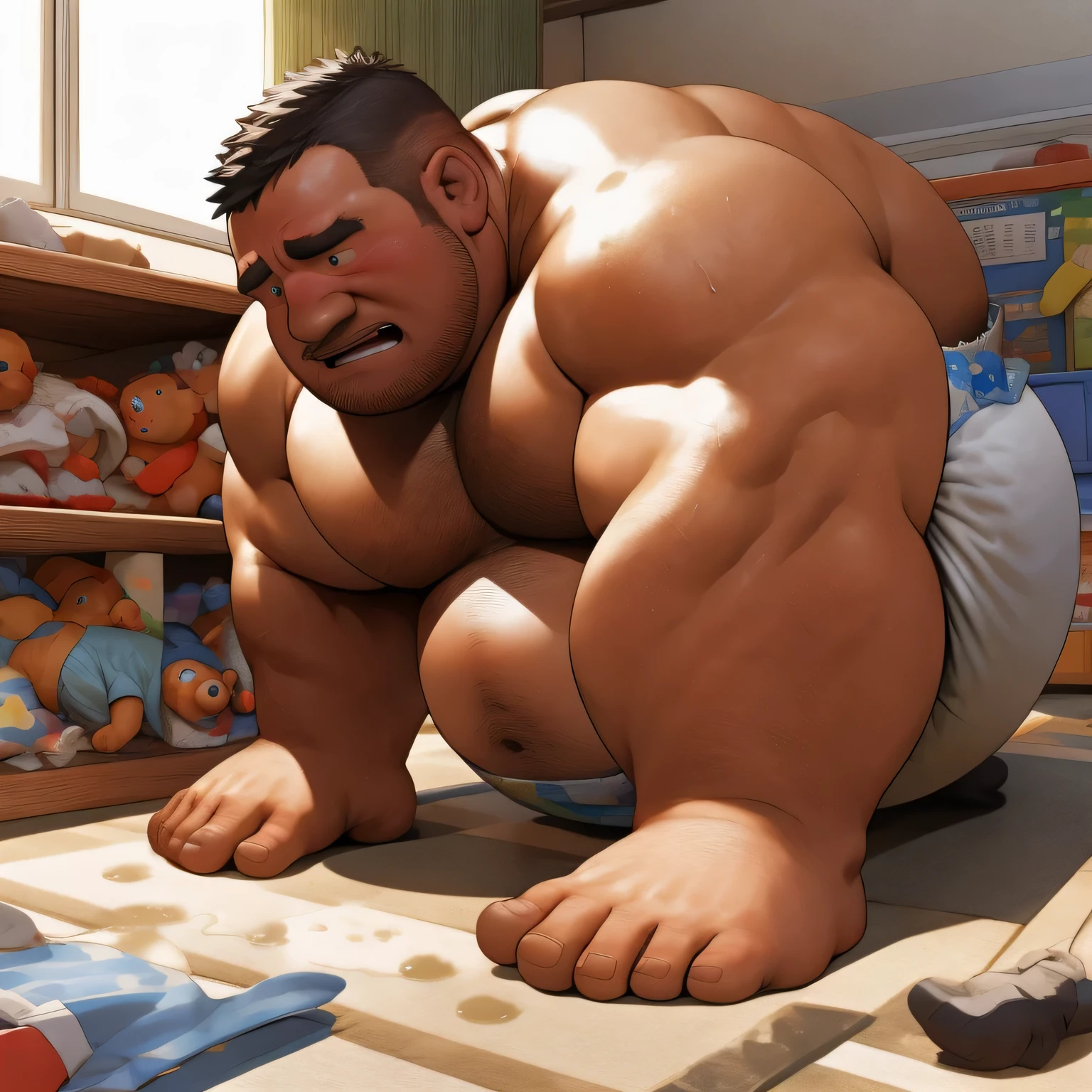 masterpiece, Top quality, in 32K, perfect anatomy, hyper detailed, super fine illustration, The thick man is a brutal prisoner, retarded, hairy human, 50yo in Japan, (fatness: 1.0), Fatty muscle, Bowleg, disappointment, incontinent, be diaper check by children, waddle, There is a small puddle under him, incontinent, Naked, short legs, Bowleg, spread legs, wear a White cloth Diaper, Bare belly, Bare legs, Bare foots, Bare soles, Shirtless, wide forehead and short thinning hair, Man with round face with stubble, Bare foots, Bare soles, shy, sissy, Weaker than children, Drool, Round face, steams, Solo, He enters nursery school and is despised by children, He surrounded by children, His bottom is wet, Bare foots, big butt, he is scolded by the children, White Diaper, He surrounded by children, sobbing, wear a White cloth Diaper, shirtless, There is a small puddle under him, He enters nursery school and is despised by children, big butt, sobbing, He crawling to go to children, on all fours, side view