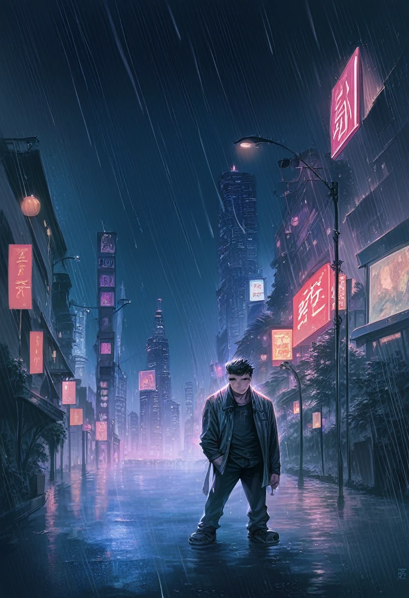 8k, RAW Photos, Highest quality, masterpiece:1.2),(Realistic, photo-Realistic:1.37),Tokyo Street,night, rain, Wet,Cityscape,night, Cyberpunk City,Soft Light,Muscular