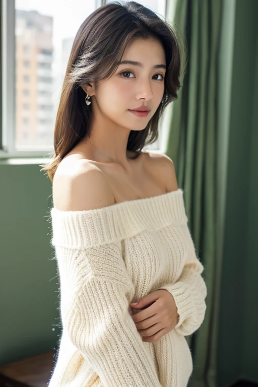 ((best quality)), ((Masterpiece)), (details), 1 girl, open shoulder sweater,