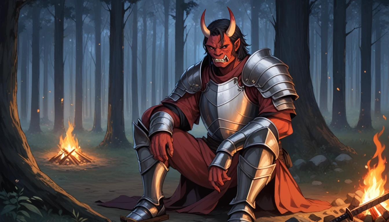 (1man, solo, masterpiece, best quality, intricate details, detailed face and body, stubble, (Knight, paladin, fullplate armor, wethered armor, sword in sheats, no helmet, old armor, damaged armor, dirt armor), strong body, short hair, black hair) , 2others,couple,
(1girl, solo, masterpiece, cute girl, intricate details, detailed face and body, grumpy face, (Oni, demon, oni horns, red skin, slander tail), (wide samurai pants, geta footwear, breasts bandage), sits across-legged, hands on knees, damaged body, bleeding, arm scar, medium breasts), BREAK
near campfire, lean back, tree, looking at viewer, facing viewer, right side view, forest background, dark forest, night time, fire, campfire