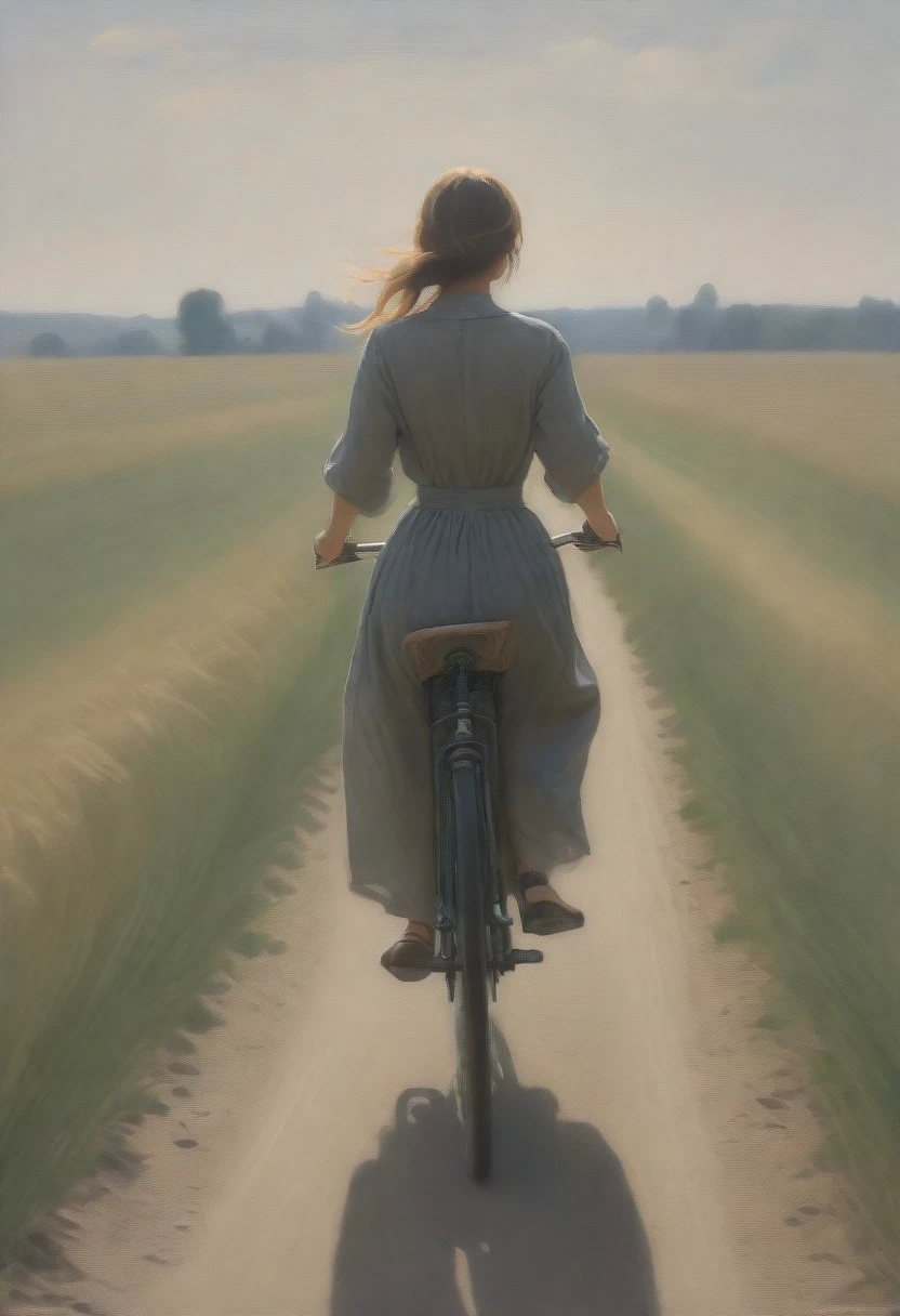 An exquisite charcoal pencil drawing of a woman elegantly riding a vintage bicycle through a sunlit field. She is adorned in a 1920s summer dress, with her hair flowing in the wind. The perspective portrays her from behind, while her gaze is fixed on the vast expanse of the field ahead. The composition is reminiscent of the styles of artists like Käthe Kollwitz, Berthe Morisot, and Monet, with a perfect blend of light and shadow creating an evocative atmosphere. The background showcases a harmonious combination of fashion and wildlife photography, capturing the essence of the golden era., wildlife photography, painting, fashion