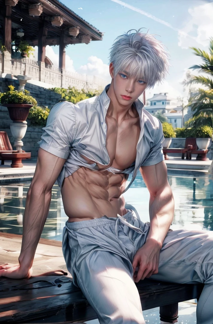 1boy, adult, handsome, perfect face, detailed eyes and face, clean shaved, sixpack realistic, white eyebrow hair, white eyelashes, dynamic lighting, unreal engine 5, hd picture, satoru gojo, white hair, short hair ,hair between eyes ,blue eyes, white skin