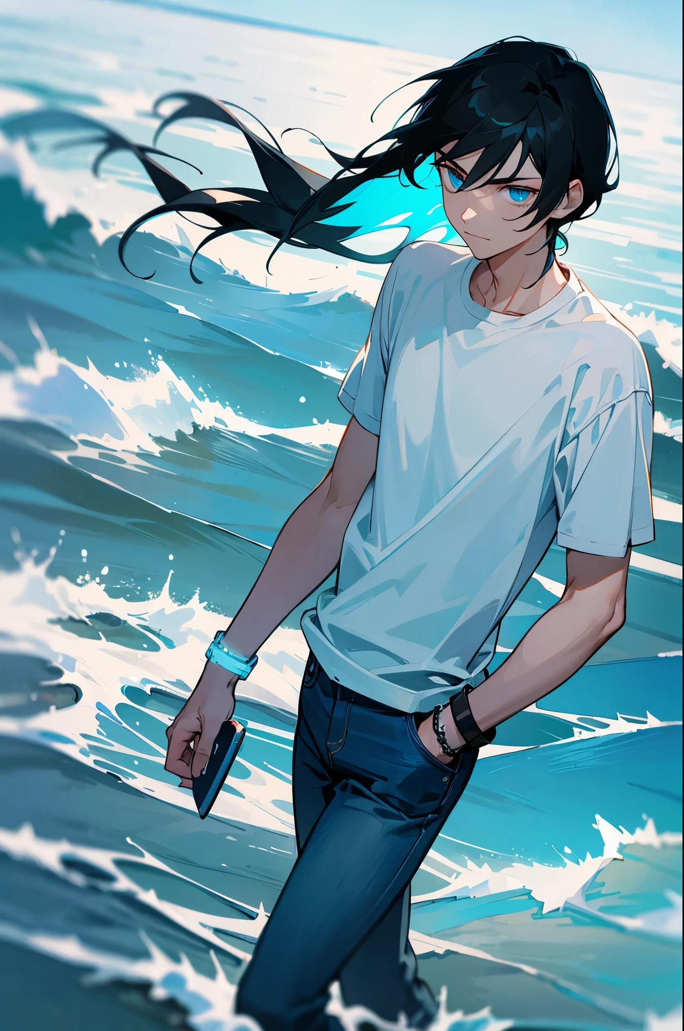 Jet black hair, icy blue eyes, attractive male, calm expression, evening, 5k resolution, beach, waves, teenage boy, relaxed face, straight hair, headshot, glowing cyan bracelet, half-smile, cyan gem on wrist, slender, athletic build, fit, white t-shirt, cyan bracelet, no acne, skateboard in hand, blue jeans.

