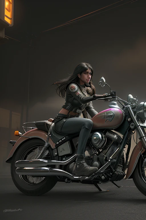 girl on an old indian motorcycle, classic motorcycle, cyborg girl, cyberpunk, intricate details, highly detailed, masterpiece, award winning, photorealistic, unreal engine, 8k, realistic shading, volumetric lighting, hyper realistic, cinematic lighting, dynamic pose, dramatic angle, vibrant colors, neon, futuristic, retrofuturistic, mechanical, industrial, steam punk, chiaroscuro, atmospheric