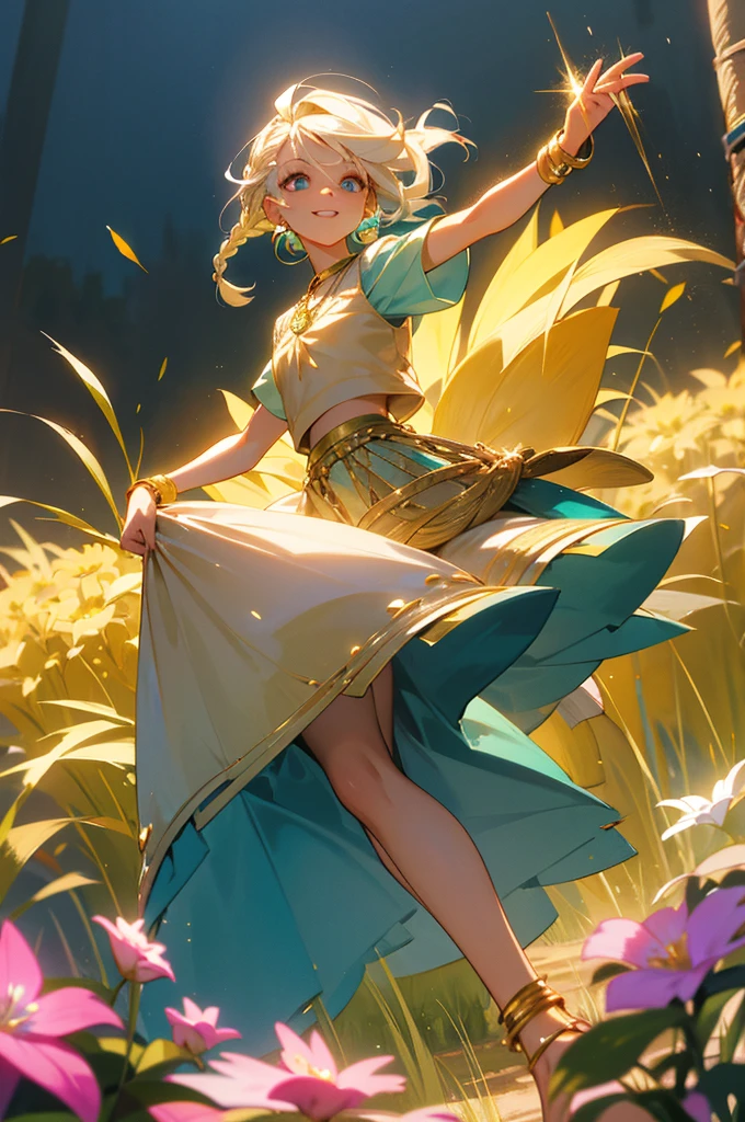 Platinum hair, teal eyes, stunning female, kind look, morning, 12k resolution, meadow, flowers, young adult, joyful expression, braided hair, mid-shot, glowing gold anklet, broad smile, gold gem on ankle, graceful, slim build, athletic, pink blouse, gold anklet, no scars, basket of flowers in hand, white skirt.
