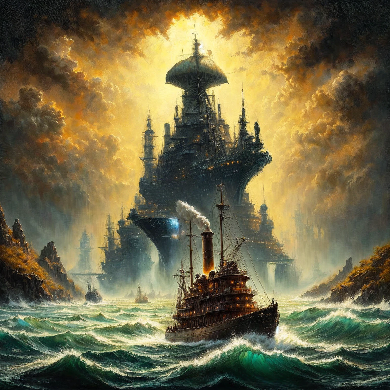 painting of a ship in the middle of a body of water, science fantasy painting, inspired by Brian Despain, by Johfra Bosschart, fantasy surrealism, fantasy oil painting, fantasy artrealistic painting, 8 0's style tomasz alen kopera, inspired by Johfra Bosschart, rob mcnaughton, inspired by Bruce Pennington, fantasy scifi