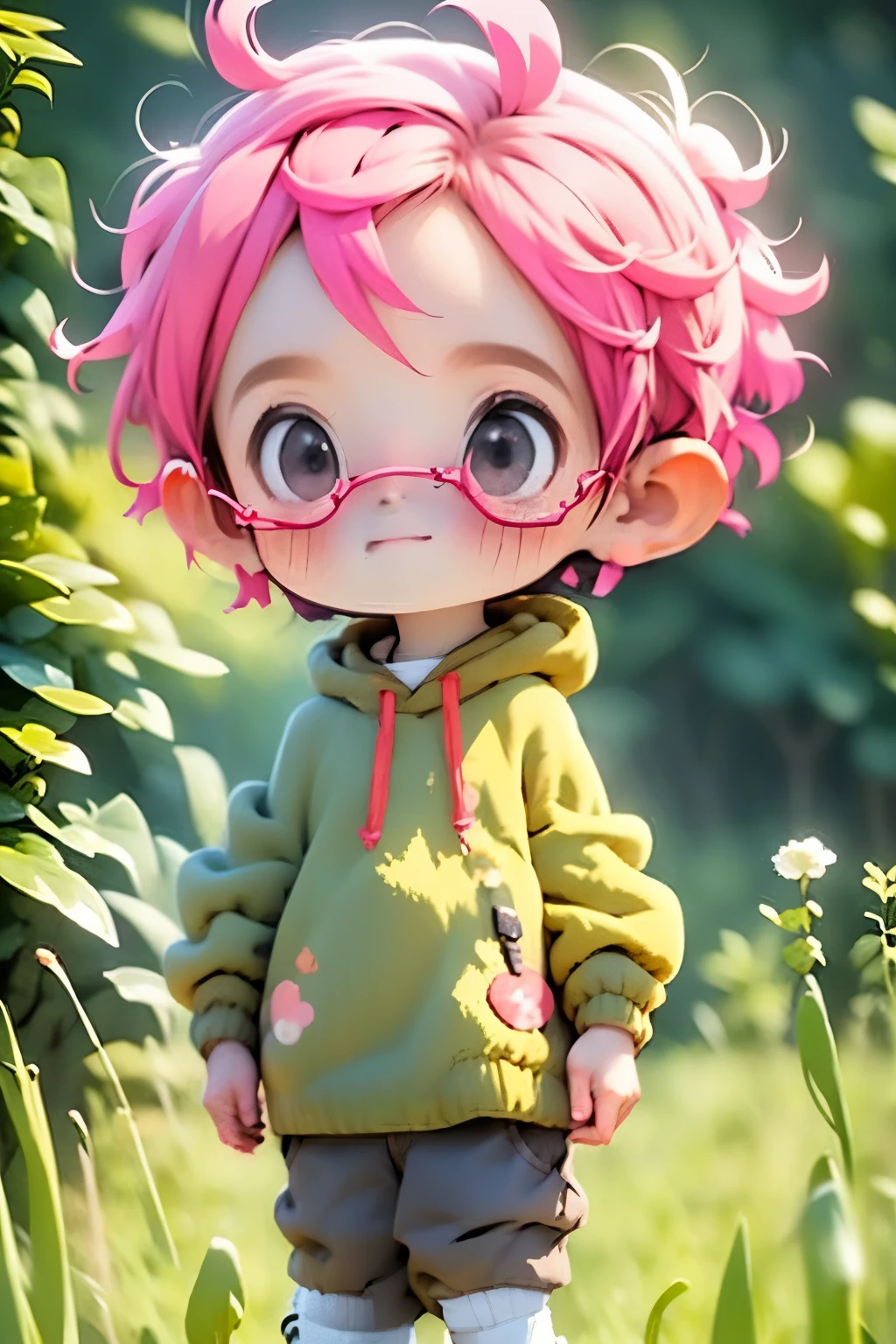 Pastel fairy boy with pink hair, round glasses, fantasy clothing