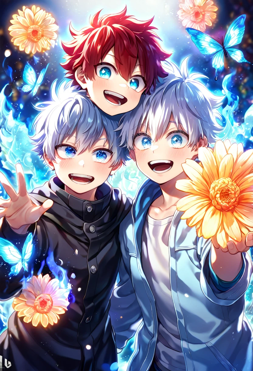 absurdres, highres, ultra detailed, HDR, master piece, best quality, extremely detailed face, delicated features, Todoroki Touya as a kid, red hair, expressive turquoise eyes, Boku No Hero Academia, Gojou Satoru as a kid, white hair, expressive blue eyes, white eyelashes, two kids together, yaoi, gay couple, small, cute, smiling, black coat, light-blue coat with fur, fantasy, magical, blue fire butterflies, fire flowers, blue fire, blue flames, blue fire in the background