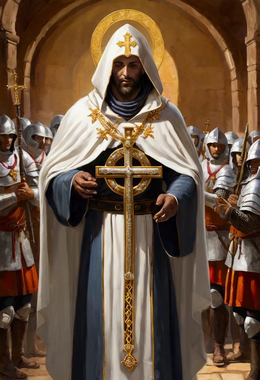 {
"prompt": "A painting of Balduino holding the relic of the True Cross high in front of his troops. He is kneeling and praying to God for victory, wearing a white hood and mask with silver eyes showing his faith and determination, inspiring his men.",
"size": "1024x1024"
}