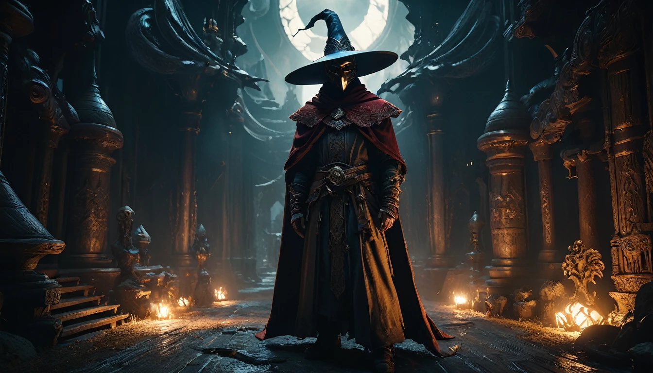 a small masked mage in a dark fantasy world, wearing a big hat, alone in the distance, dark background, intricate details, cinematic lighting, dramatic atmosphere, rich colors, dark and moody, masterpiece