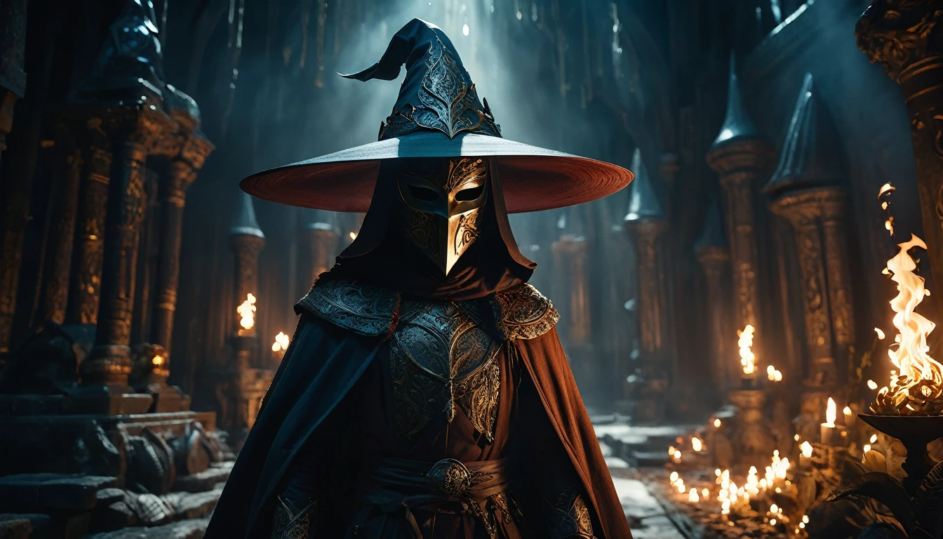 a small masked mage in a dark fantasy world, wearing a big hat, alone in the distance, dark background, intricate details, cinematic lighting, dramatic atmosphere, rich colors, dark and moody, masterpiece