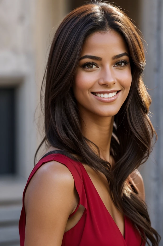 Arafed femme aux longs cheveux noirs souriant et tenant un ongle rouge., on dirait un conte de fées de Noël, Femme cubaine de 30 ans., julia sarde, Fernanda Suarez, belle et souriante, beau visage latin, mannequin brésilien, Marischa Becker, elle ressemble à Laura Barrios, Malika Favre, mélange de la Saint-Valentin, en cours d'exécution