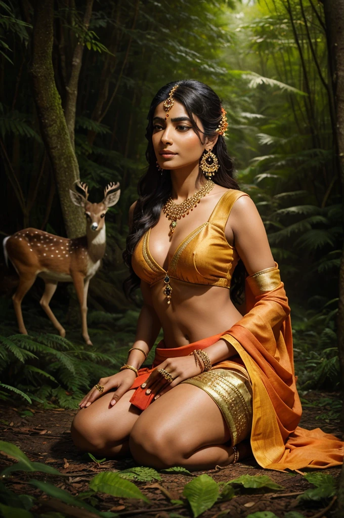 "A serene Indian woman with a gentle expression sits gracefully in a mystical forest. She is adorned in traditional attire with intricate jewelry, including a headpiece, earrings, and necklaces. Her attire is a flowing, vibrant orange sari. She holds a small deer in her arms, and a colorful peacock stands nearby. The background features lush greenery and soft, ethereal lighting, creating a peaceful and magical ambiance."