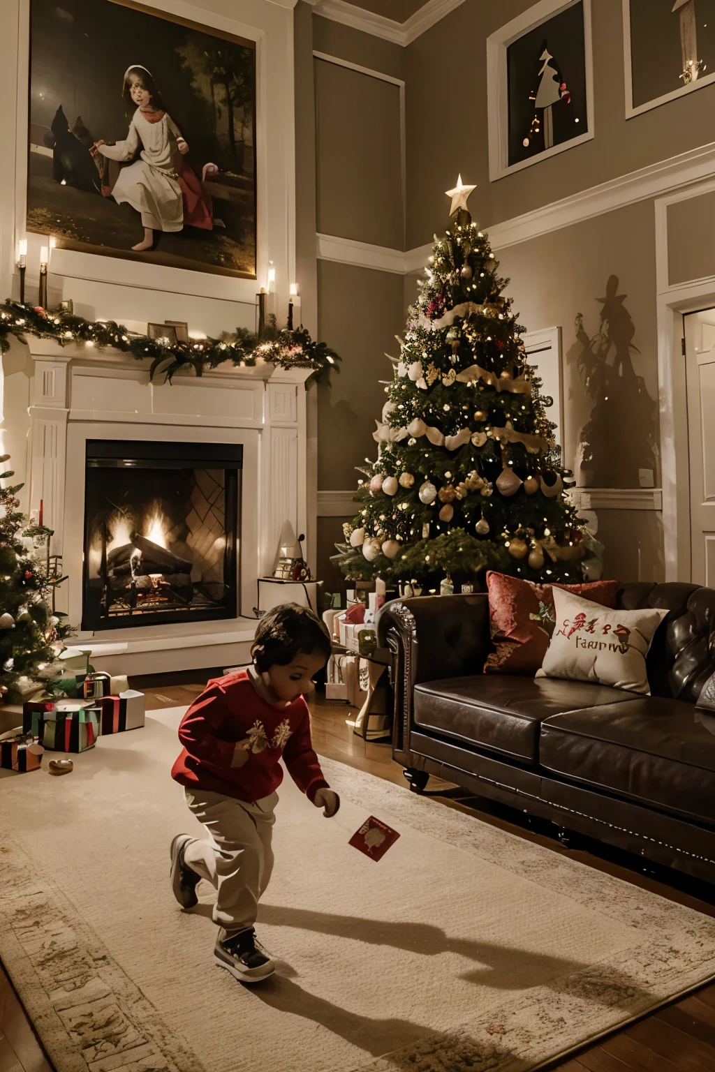 New Year's card: the living room of a large house is decorated with a Christmas tree, Children and a dog are running around