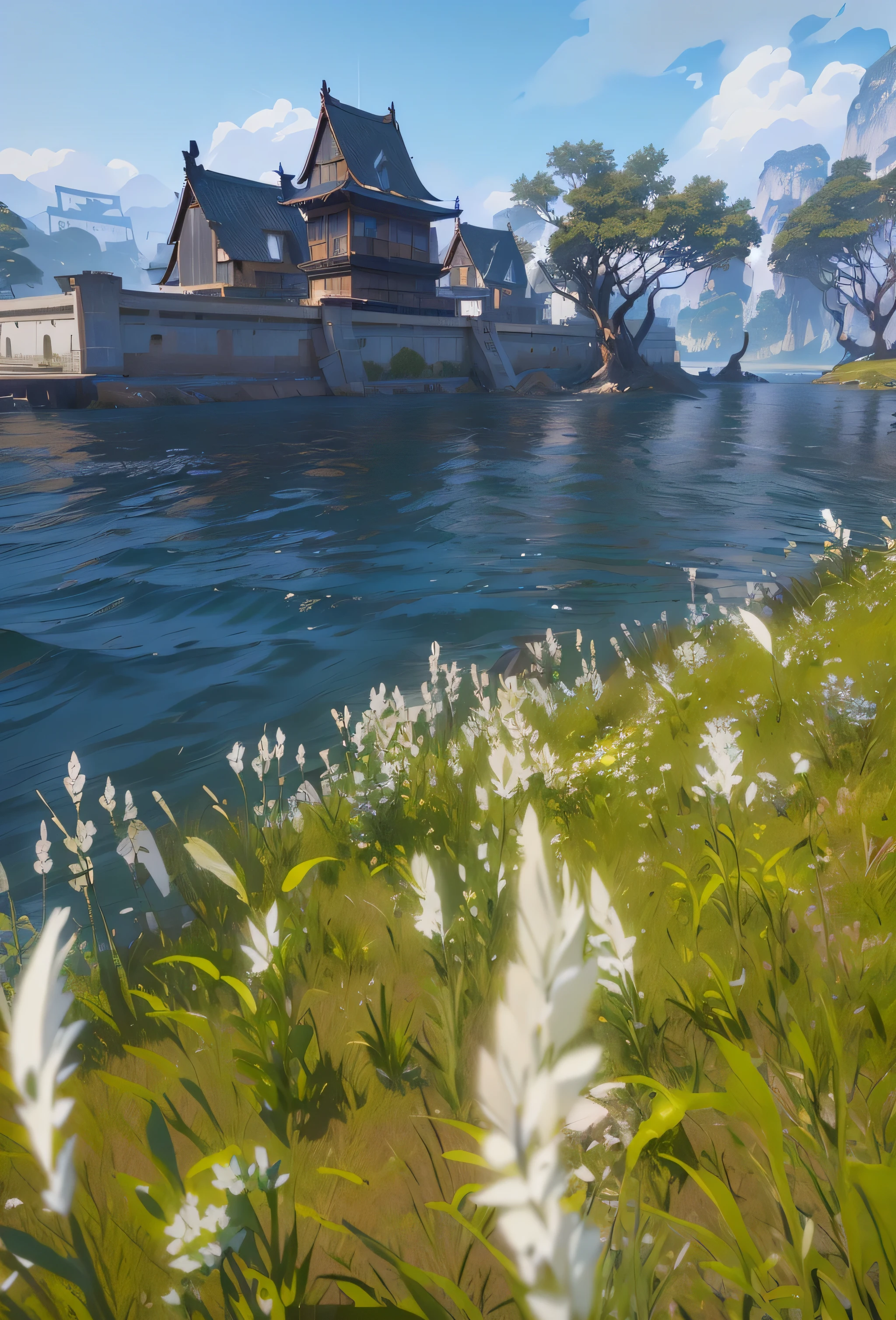 grassland、Water and buildings in the background, Grass and water, Beautiful screenshots, Epic Bay,waves crashing,plant, Highly detailed environments, Rendering in cryengine, ( ( Unreal Engine ) ), Quiet and peaceful atmosphere, Detailed lake in the background, nice environment, A river with hanging plants, Unreal Engine screenshot, relaxing environment, Detailed grass, Detailed scenery