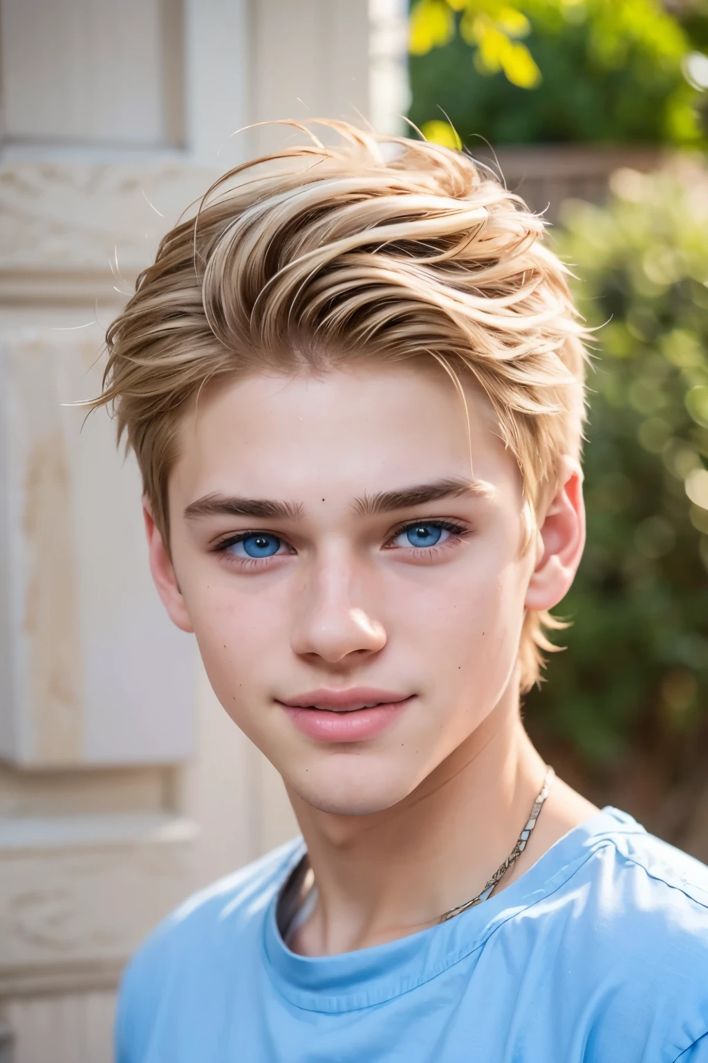 front photo. 18 year old boy. happy and cheerful boy. hd, 4k. male version, blond hair, blue eyes, handsome boy, curtain bangs. beautiful and cheerful. blue t-shirt. no beard. hair with bangs.