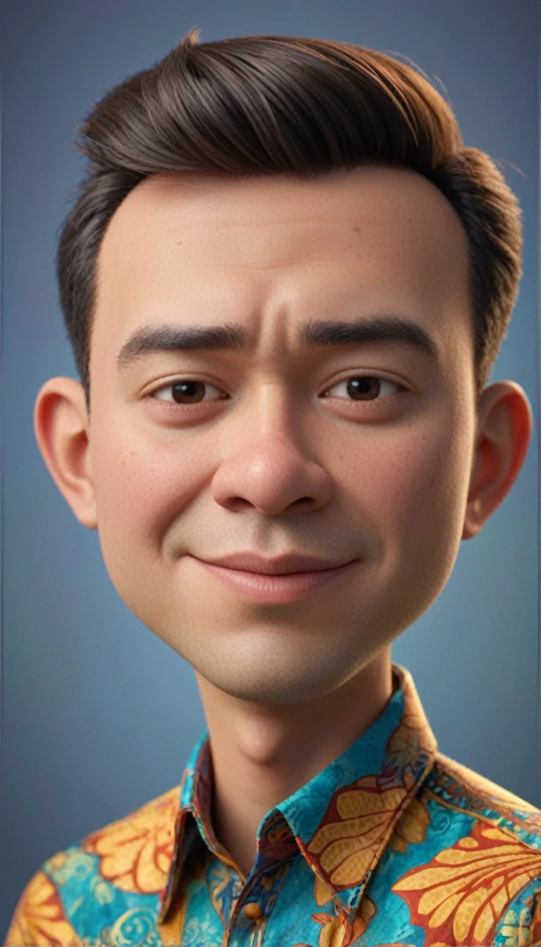 Cartoon caricature of a person with a big head of a man, wearing a batik shirt, standing, solid and clean background, 3D Disney Pixar character, masterpiece, soft lighting, very detailed, UHD 16K, bird's eye view, 3d rendering