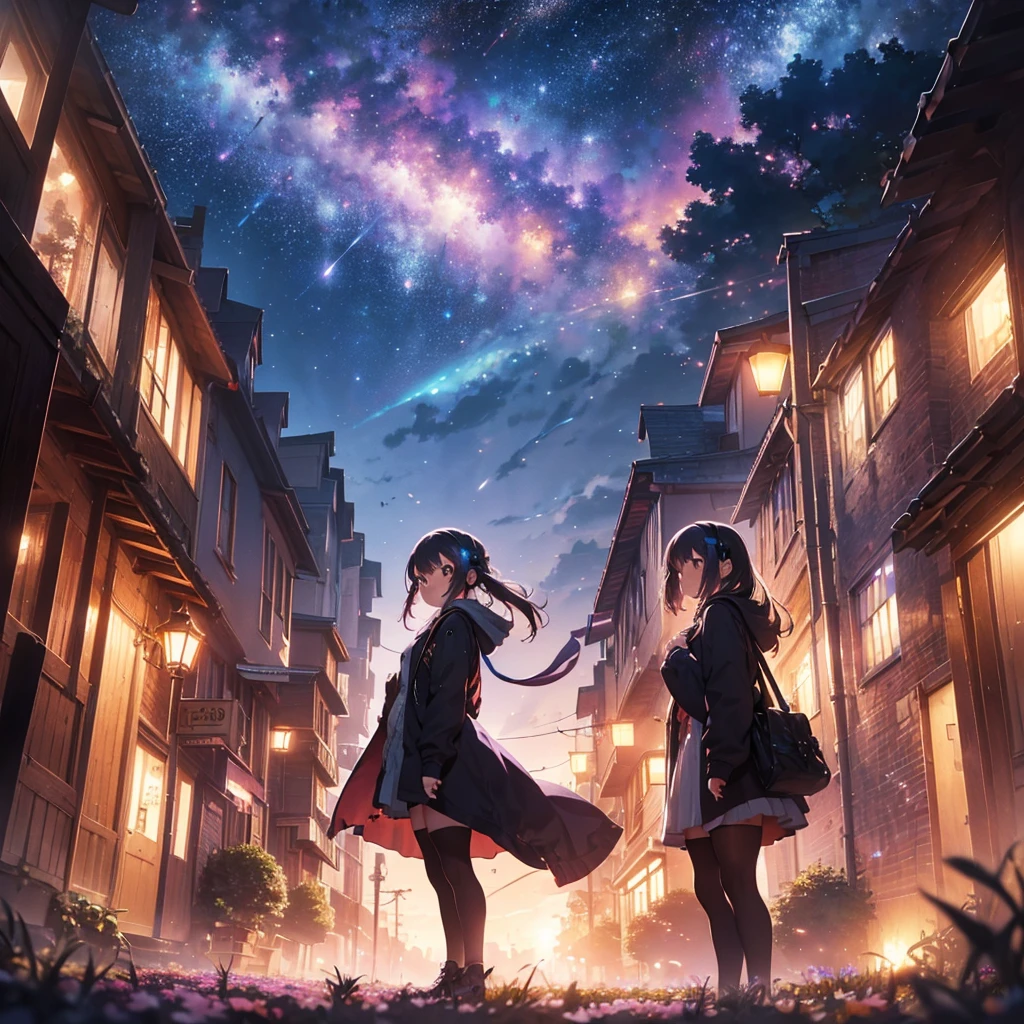 Wide Landscape Photography , (a view from below that shows the sky above and the open countryside below), a girl standing in the flower field looking up, wearing headphone ( shooting stars:0.9), (nebula:1.3), distant mountain, tree BREAK production art, (Warm Light Source:1.2), (firefly:1.2), Light bulb, lot of purple and orange, details Intricate, BREAK Volumetric Lighting (work of art:1.2), (best qualityer), 4K, ultra detali, (dynamic composition:1.4), highy detailed, colorful details,( Iridescent Colors:1.2), (bright lighting, atmospheric lighting), dreamers, magical, (standing alone:1.2)