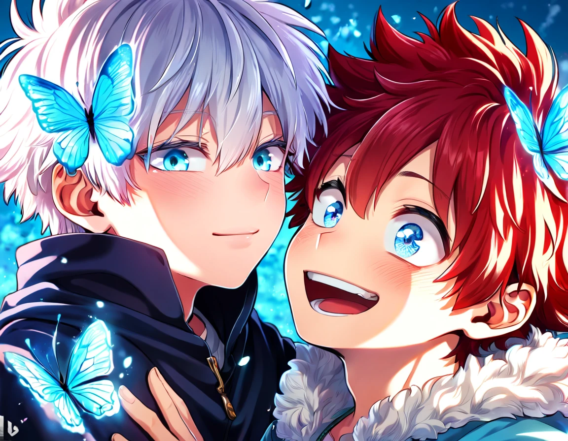 absurdres, highres, ultra detailed, HDR, master piece, best quality, extremely detailed face, delicated features, Todoroki Touya as a kid, red hair, messy hair, expressive turquoise eyes, Boku No Hero Academia, Gojou Satoru as a kid, white hair, expressive blue eyes, white eyelashes, two kids together, yaoi, gay couple, small, cute, smiling, black coat, light-blue coat with fur, fantasy, magical, blue fire butterflies, fire flowers, blue fire, blue flames, blue fire in the background