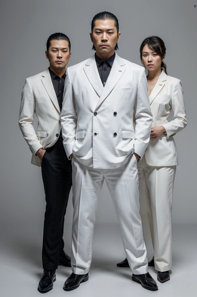 full body 4K maximum quality image in white background Japanese gangster yakuza member in black tuxedo and katana standing side by side