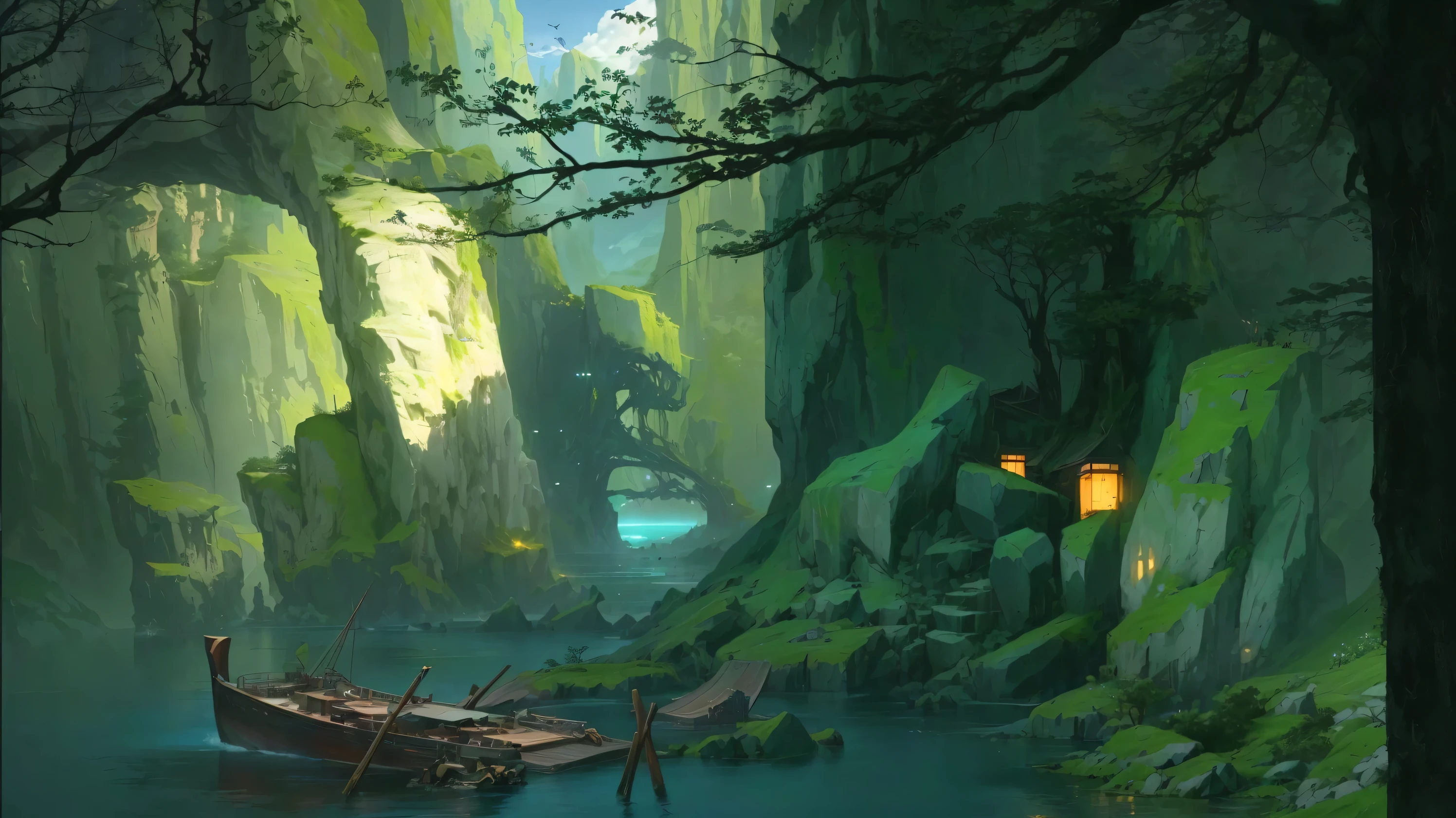 There is a boat parked in the water on the side of the mountain, environmentdesign illustration, Environment Concept art, Landscape Game Concept Art, Environment Concept, Digital Concept Art, environment, Environment and concept art, Draw as game concept art, environment concept art, Nicolas Bouvier Spas, Anime Landscape Concept Art, Conceptual art for video games, Relaxation concept art