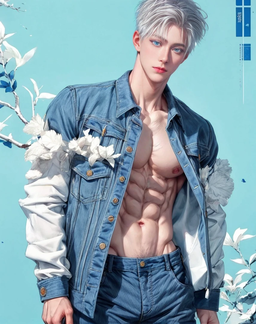 1boy, adult, handsome, perfect face, detailed eyes and face, clean shaved, sixpack realistic, white eyebrow hair, white eyelashes, dynamic lighting, unreal engine 5, hd picture, satoru gojo, white hair, short hair ,hair between eyes ,blue eyes, white skin, jacket