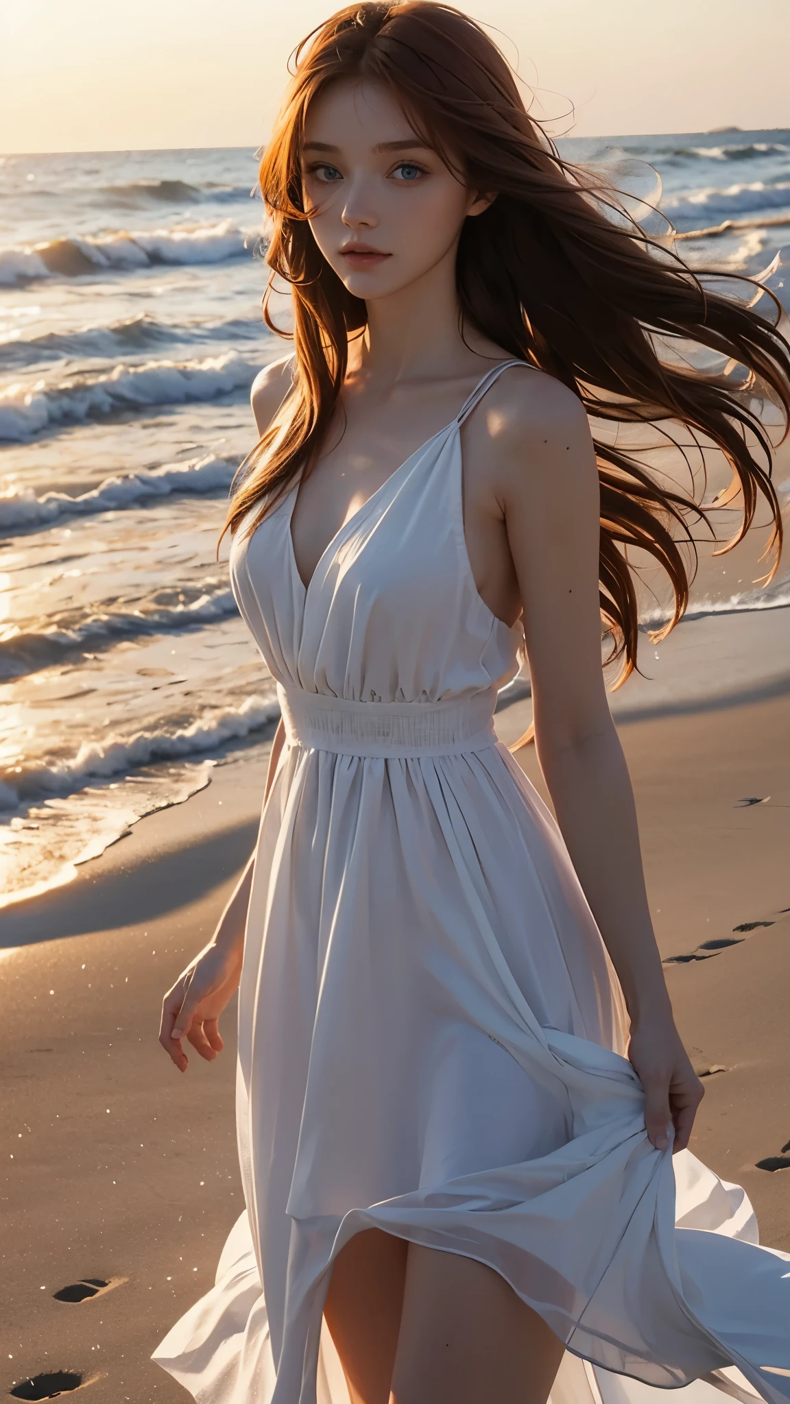 Beautiful redhead girl with blue eyes and long hair in white dress walking on a lonely beach at sunset close up to face