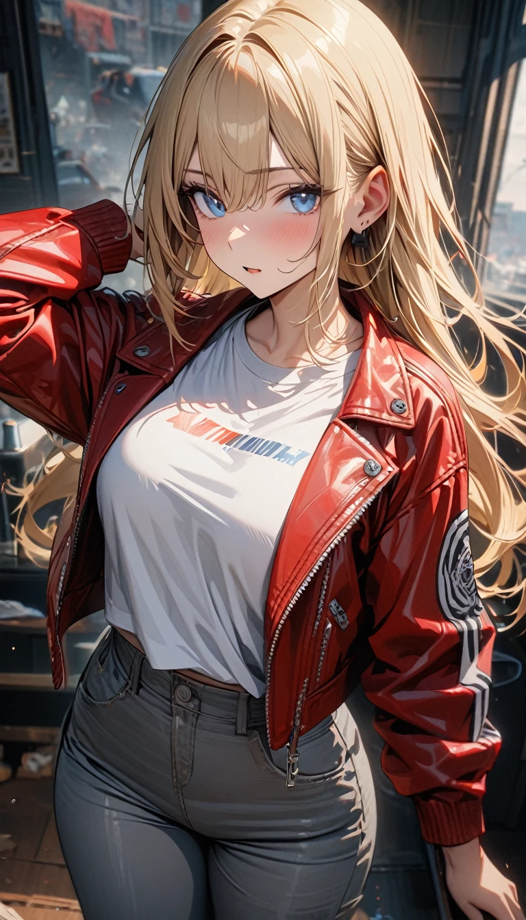 adult girl, long blonde hair, blue eyes, red leather jacket, gray pants, White tight T-shirt, Masterpiece, best quality, Full HD, 8k, ultra details, great graphic