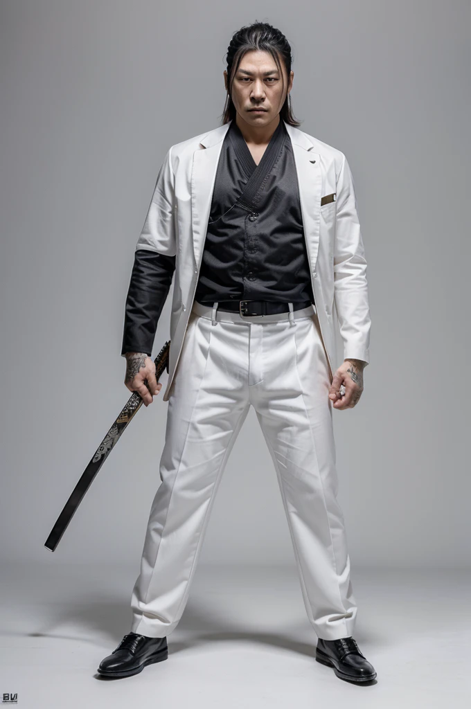 full body 4K maximum quality image in white background Japanese gangster yakuza member with katana standing side by side